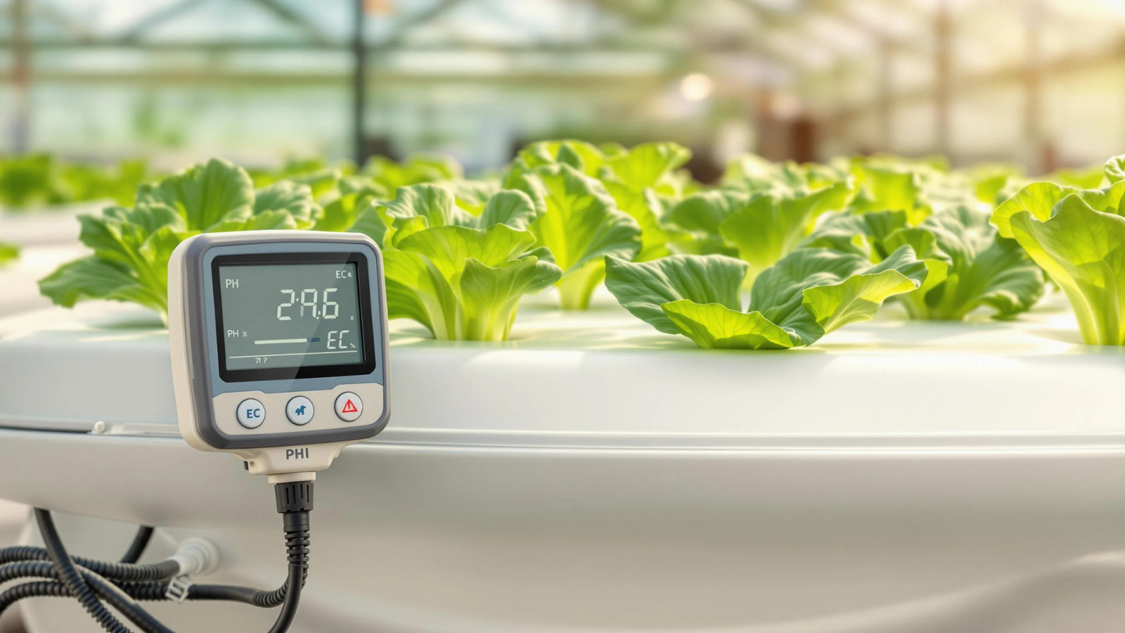 Close up of an electrical conductivity meter used to tune nutrient levels for flavor in hydroponic crops